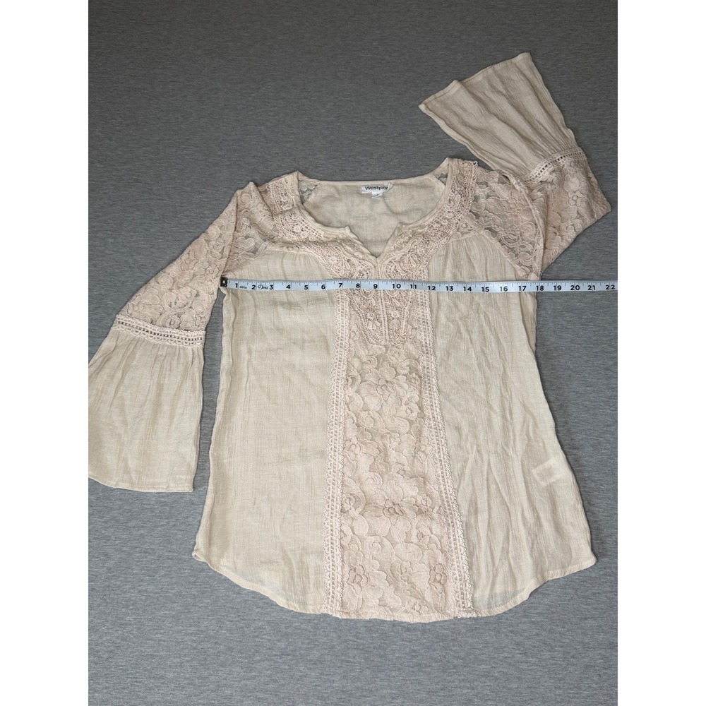 Westport Womens Cream Lace Bell Sleeve Boho Blouse Small Crinkle Split Neck Top - Picture 2 of 7